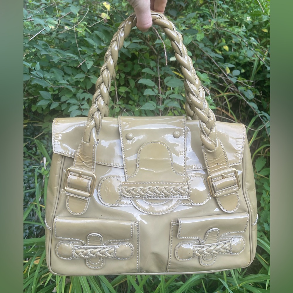 Valentino Braided Handle Patent Leather Beige Handbag